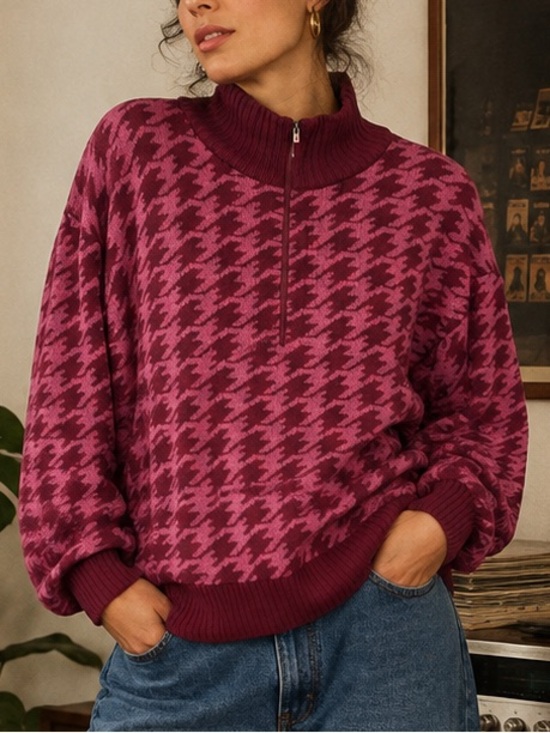 Eddie Bauer Sweaters - Eddie Bauer Houndstooth Sweater Quarter Zip Mock Neck XL Pink Grandma Preppy